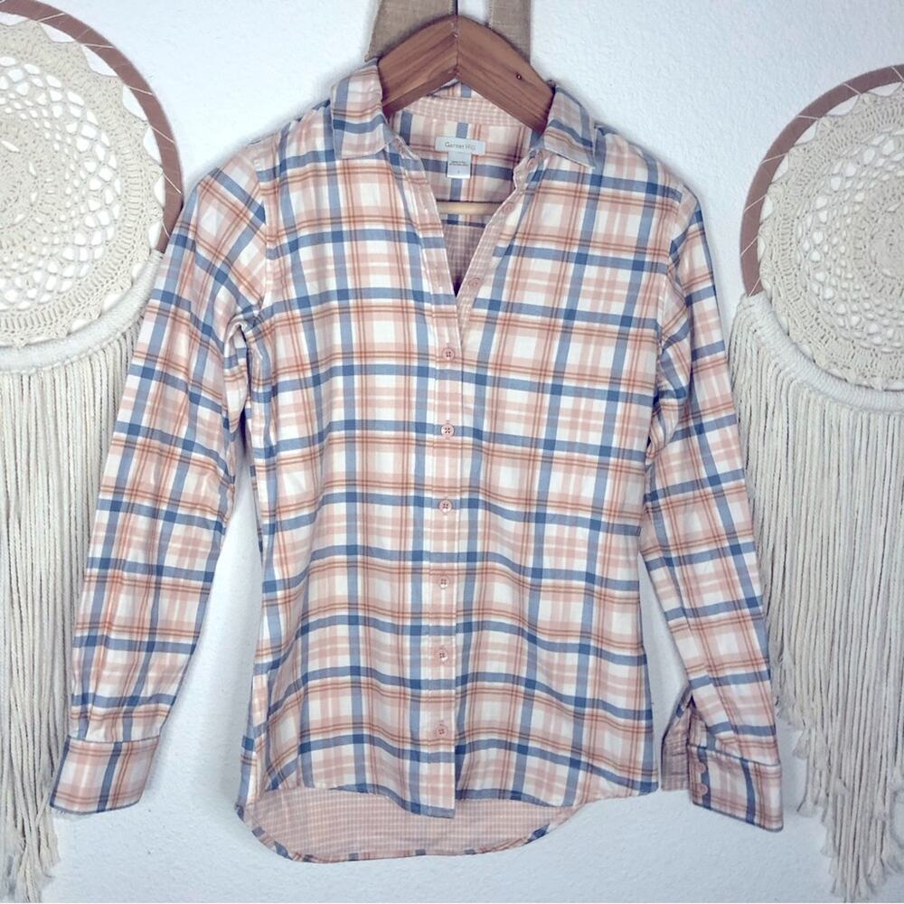 Garnet hill pink and blue structured plaid flannel shirt size 2
